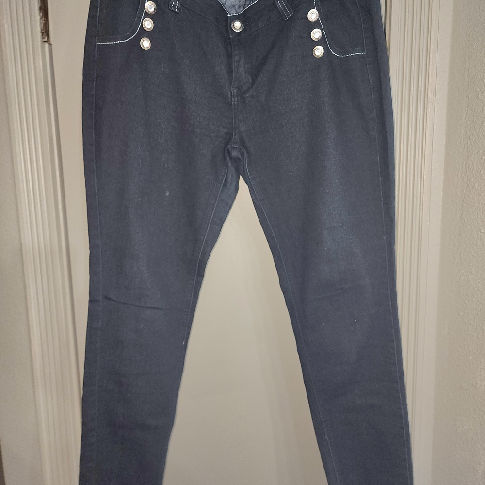 Diamante Navy Skinny Jeans with Decorative Button Detail medium stretch fabric